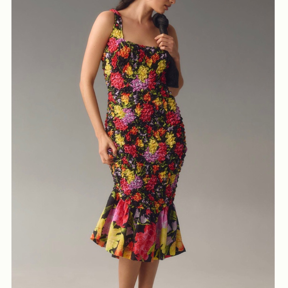 Anthropologie Yukiko Noritake Floral Pebble 3D Smocked Scrunch Long Dress S M